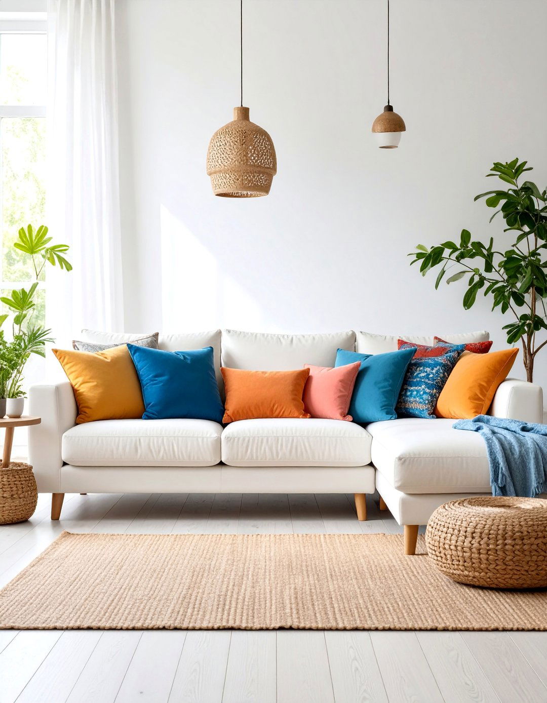 Bright White Living Room with Colorful Accent Pillows - 25 Pottery Barn Living Room Ideas