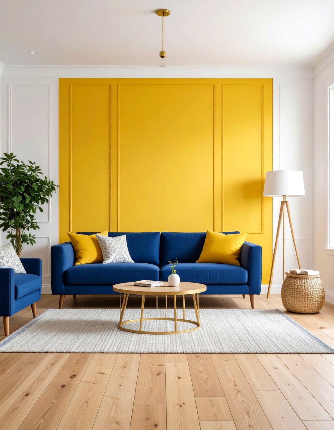 Bright Yellow Accent Wall with Navy Blue Furniture Suite - 25 Yellow and Blue Living Room Ideas