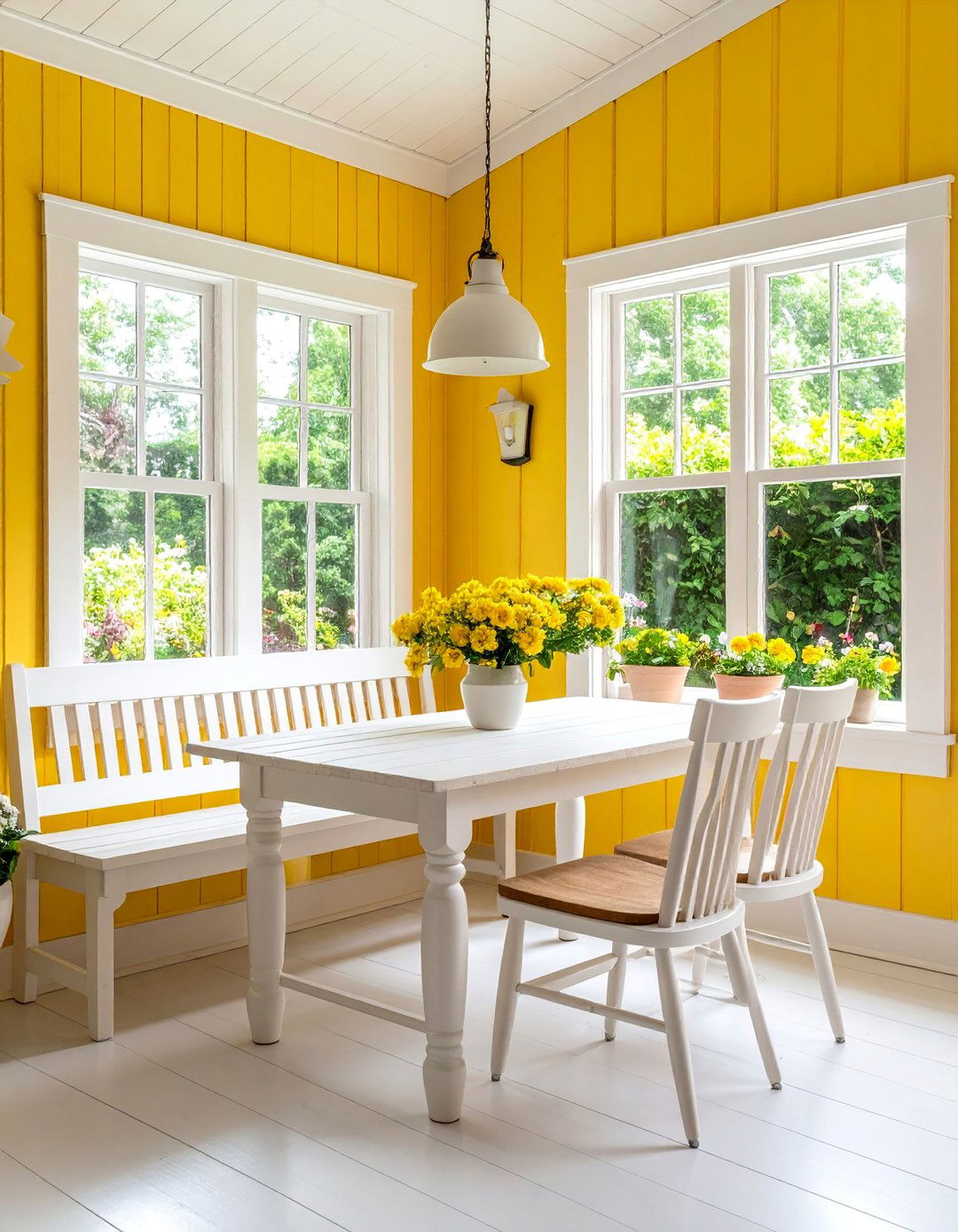 Bright Yellow Breakfast Nook with White Trim - 25 Colorful Room Ideas