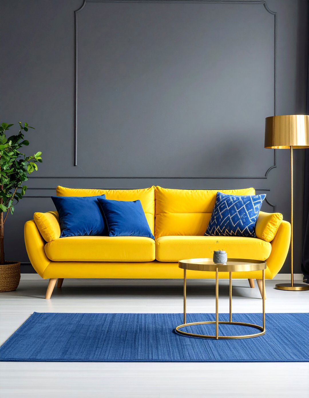 Bright Yellow Sofa with Blue Geometric Patterned Pillows - 25 Yellow and Blue Living Room Ideas