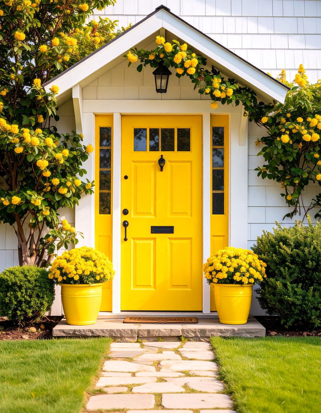 Bright Yellow Statement Door with Cheerful Appeal - 25 Farmhouse Front Door Ideas