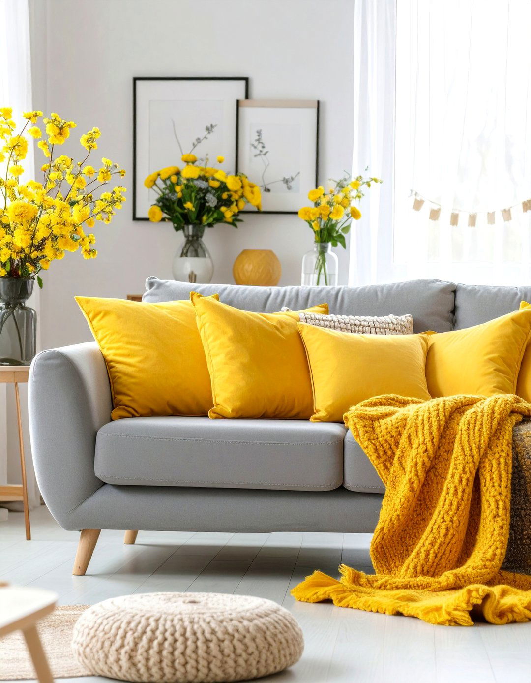 Bright Yellow Throw Pillows and Blankets on Gray Sofa - 25 Yellow Living Room Ideas