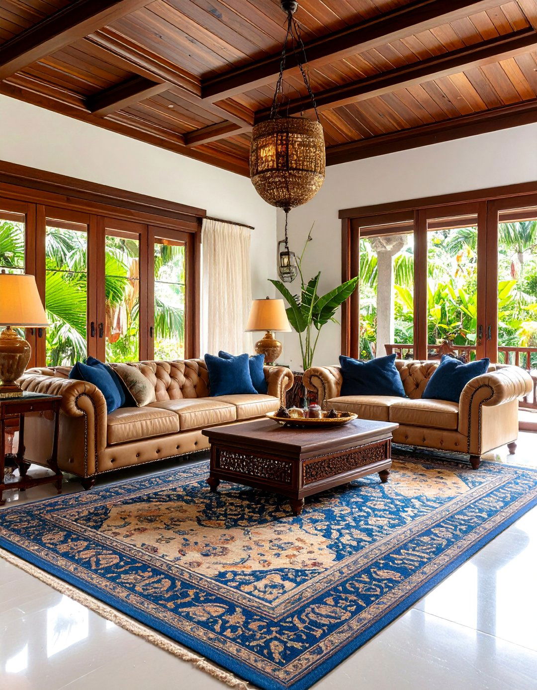 British Colonial Plantation Living Room with Tropical Hardwoods - 25 Colonial Living Room Ideas