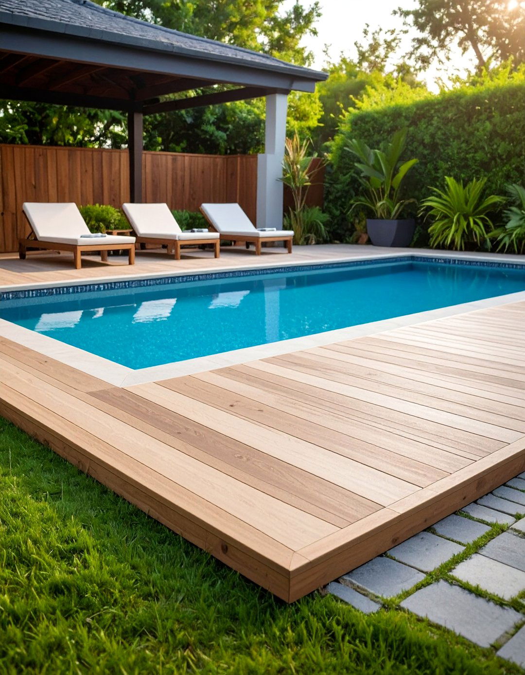 Broom Finished Concrete Deck with Decorative Borders - 25 Concrete Pool Deck Ideas