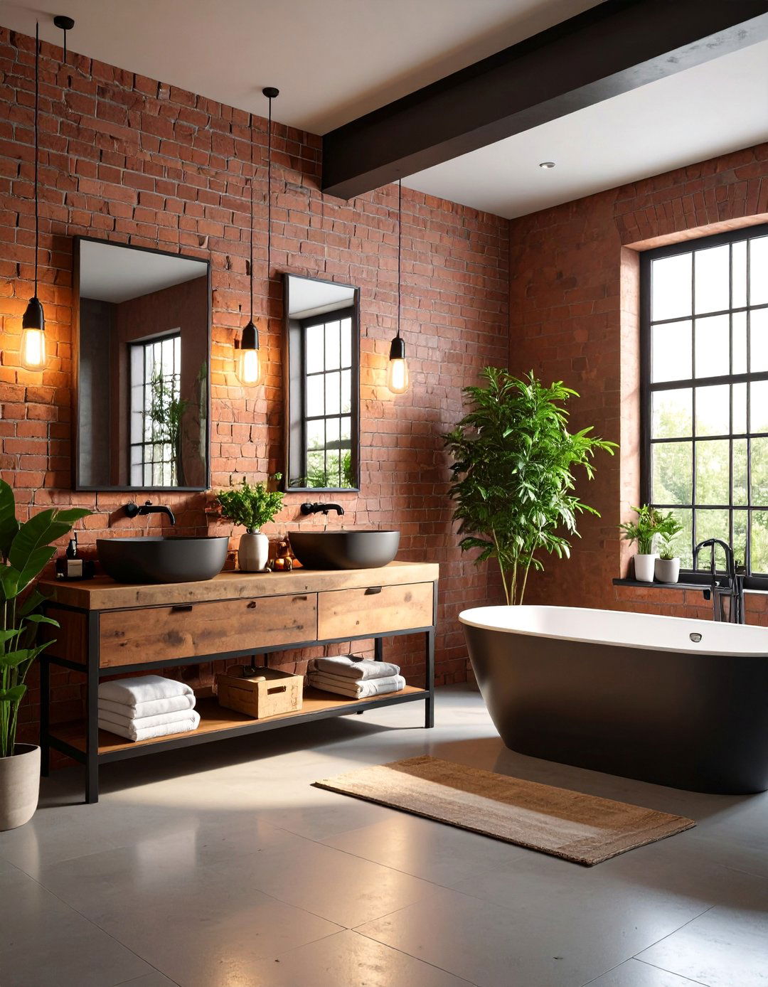 Brown Brick Walls with Industrial Black Fixtures - 25 brown and black bathroom ideas