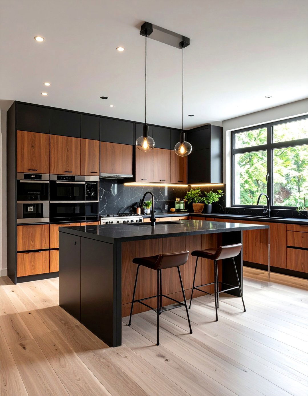 Brown Cabinets with Dramatic Black Contrast Accents - 25 Brown Kitchen Cabinets Ideas