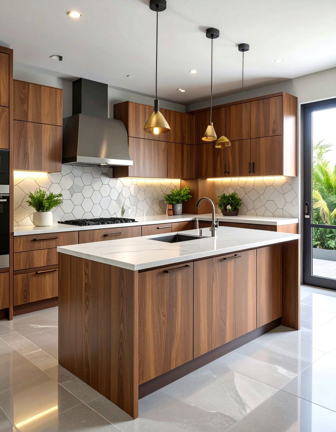 Brown Cabinets with Geometric Backsplash and Modern Hardware - 25 Brown Kitchen Cabinets Ideas