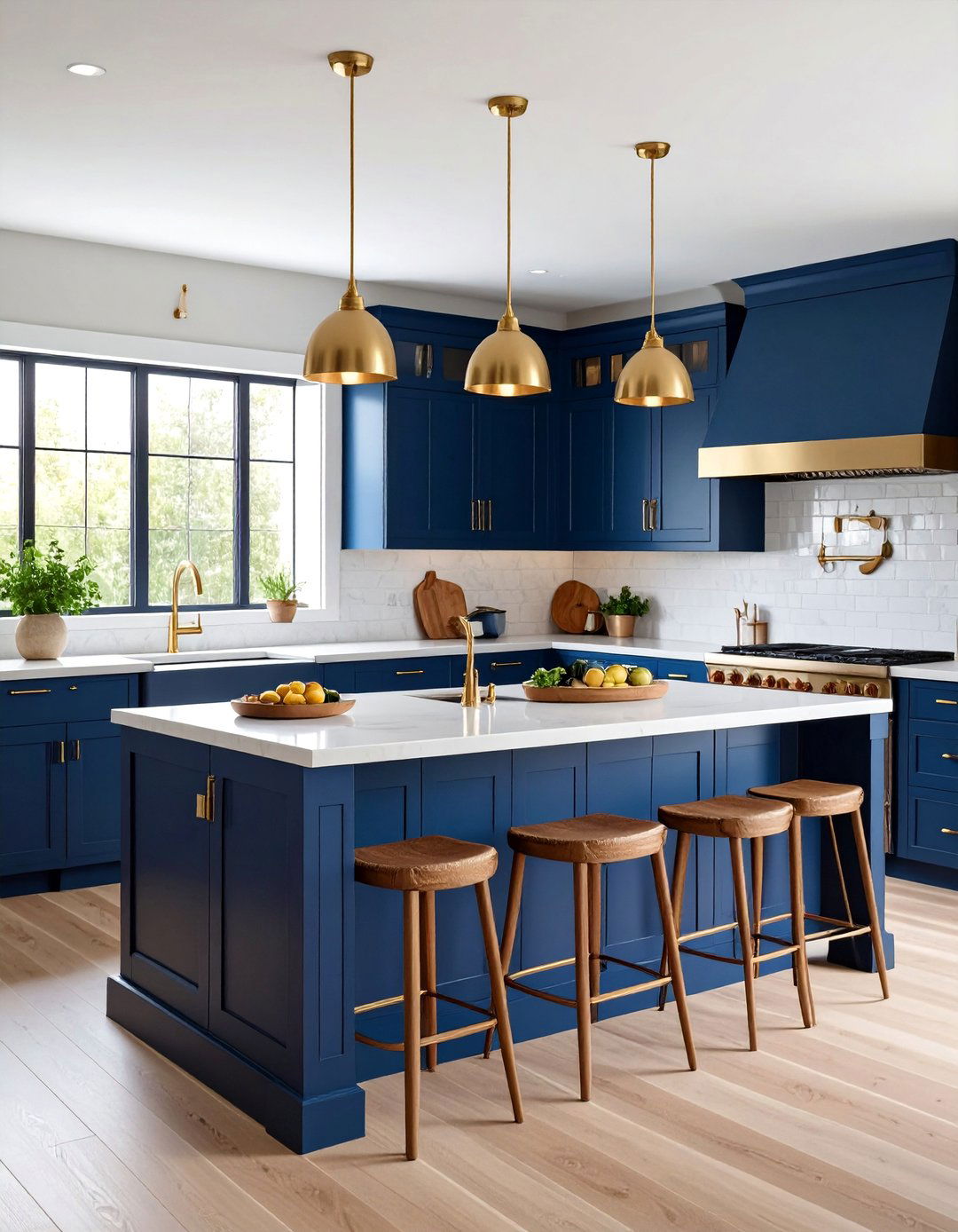 Brown Cabinets with Navy Blue Accent Elements - 25 Brown Kitchen Cabinets Ideas