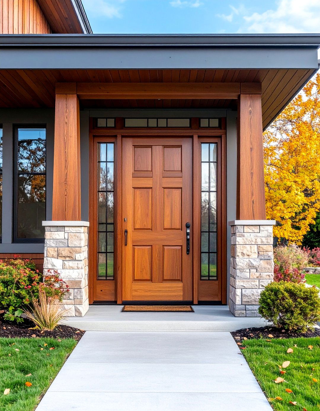 Brown Door with Prairie Style Glass Design - 25 Brown Front Door Ideas
