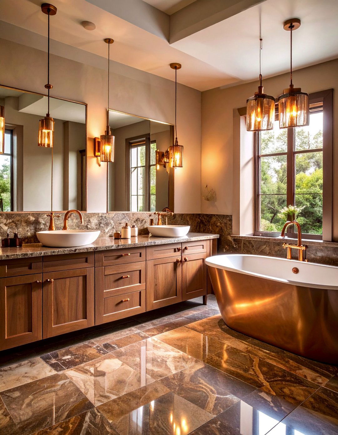 Brown Granite Bathroom with Copper Fixtures and Accents - 25 Brown Granite Bathroom Ideas