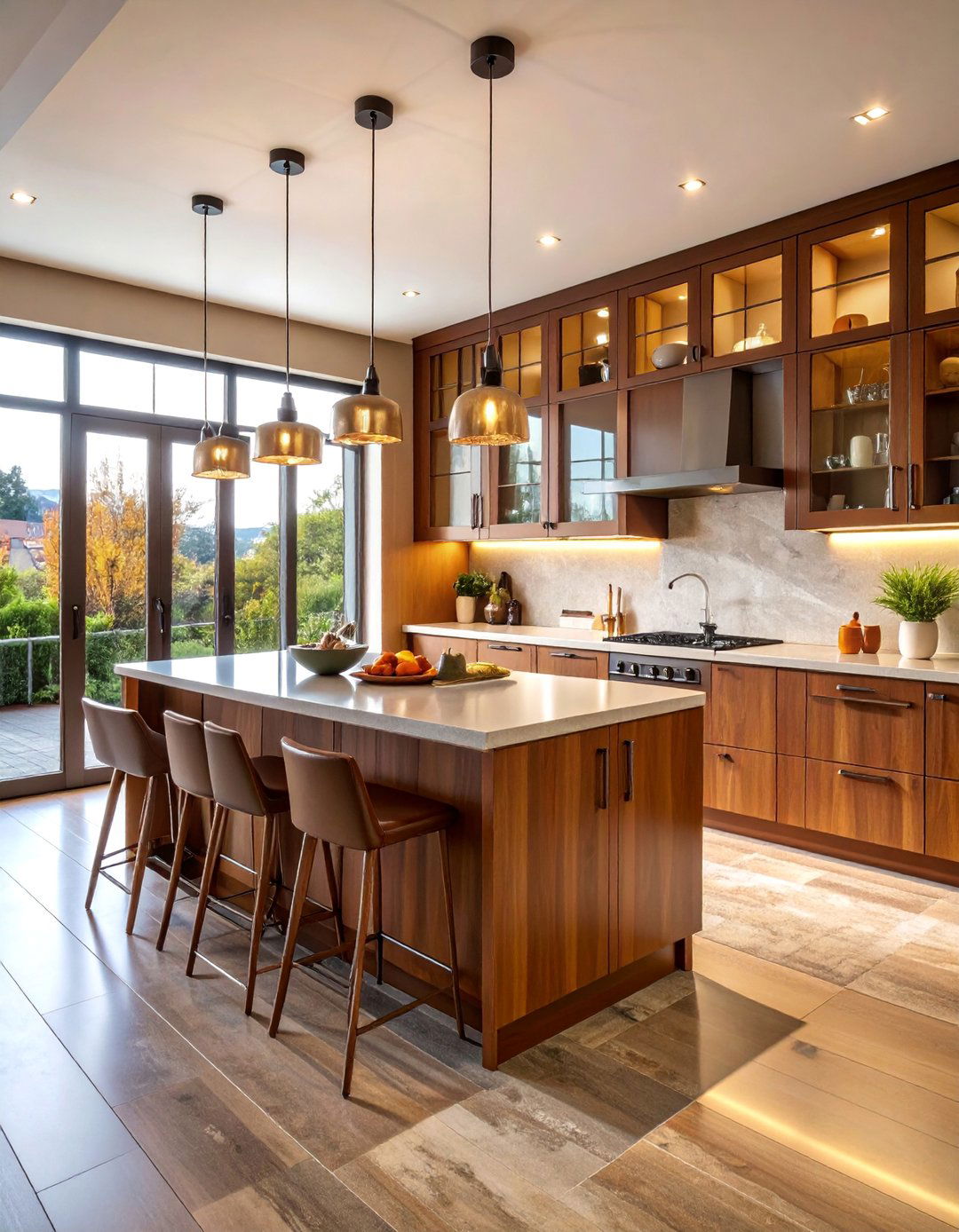 Brown Kitchen with Glass Front Cabinet Doors - 25 Brown Kitchen Ideas