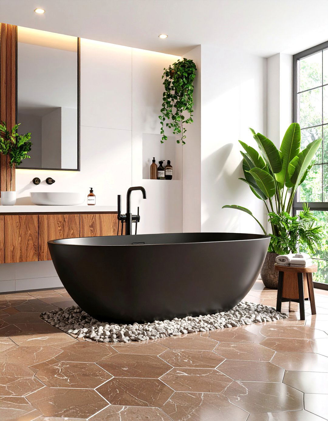 Brown Marble Hexagon Floors with Black Fixtures - 25 brown and black bathroom ideas