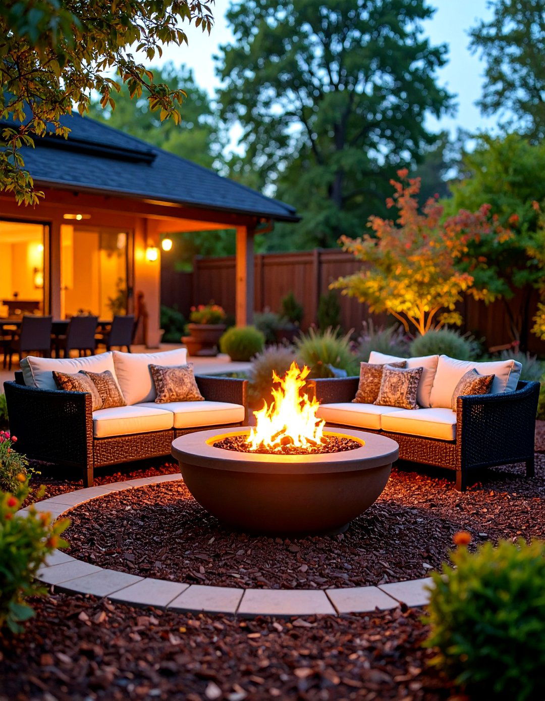 Brown Mulch Traditional Fire Bowl Patio - 25 mulch patio ideas