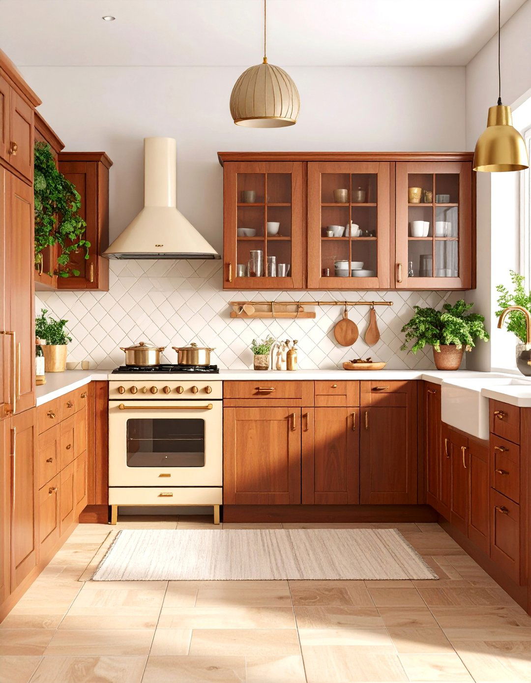 Brown Tone Kitchen with Geometric Pattern Backsplash - 25 70s Kitchen Ideas