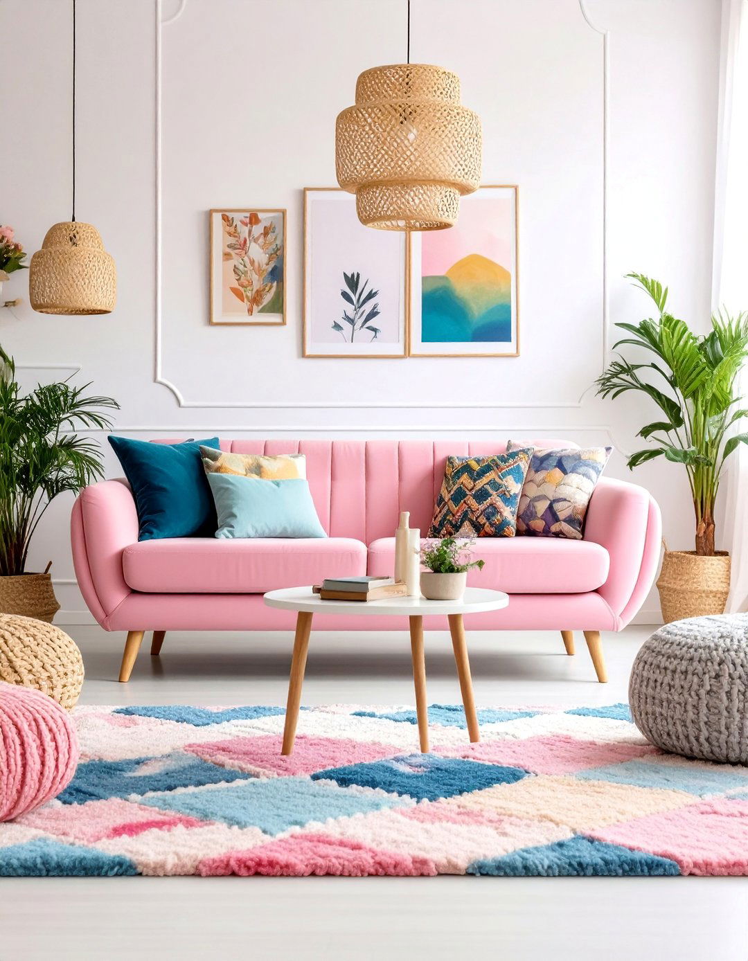Bubblegum Pink Sofa in Maximalist Setting - 25 Pink Couch Living Room Ideas