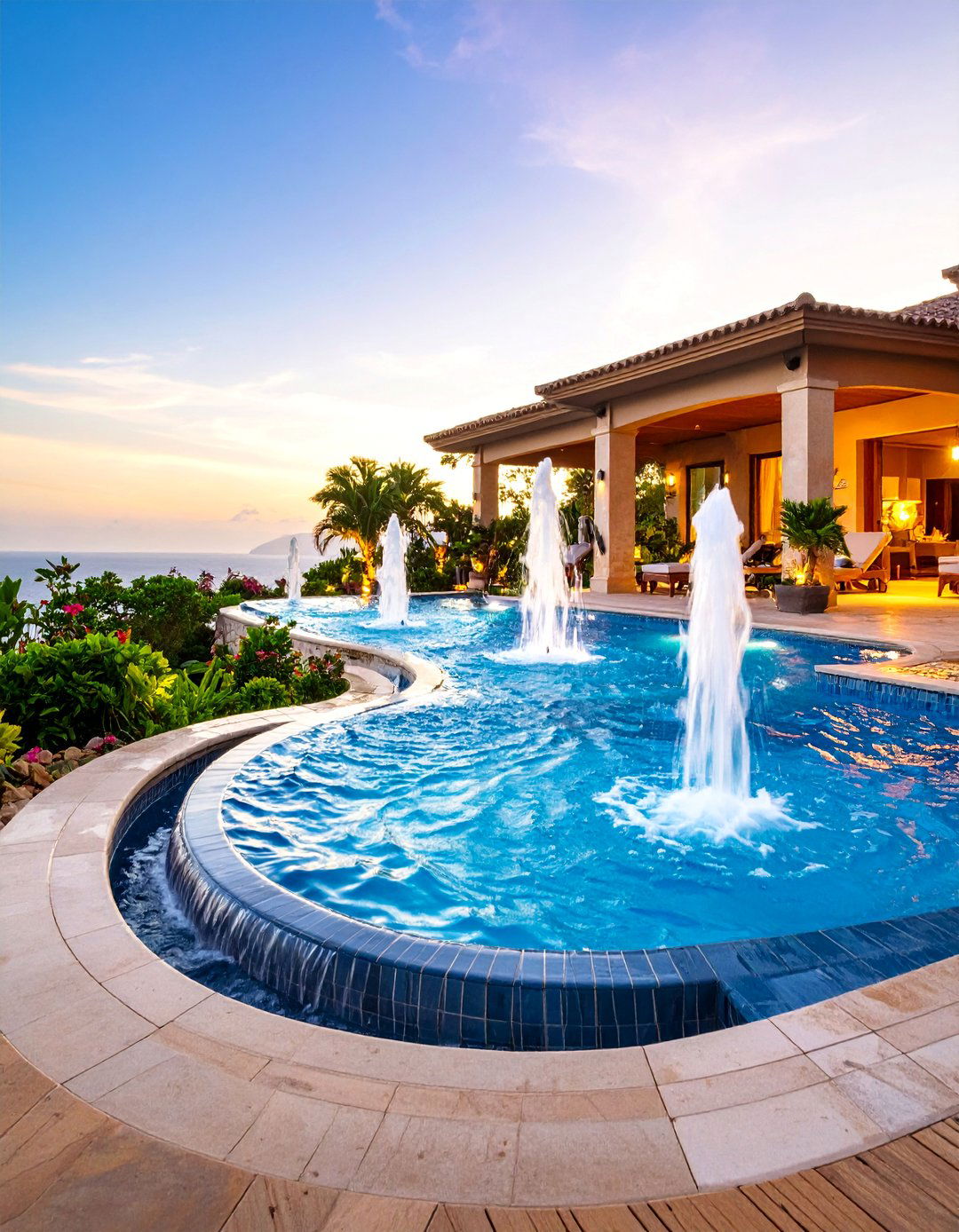 Bubbler Fountain Waterfall with Tanning Ledge Features - 25 Small Pool Waterfall Ideas