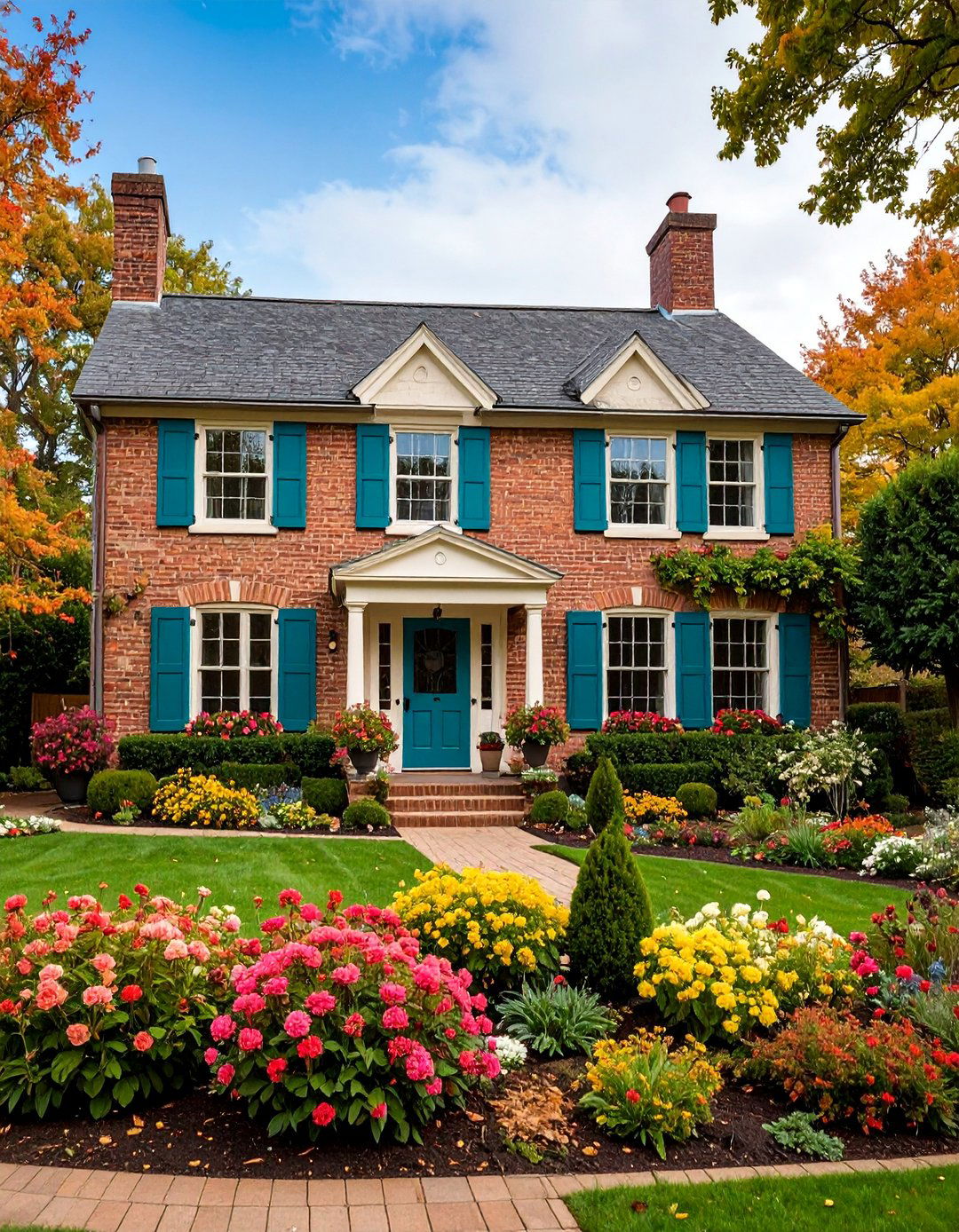 Buff Colored Brick with Deep Teal Shutters - 25 Exterior Brick and Paint Color Combinations
