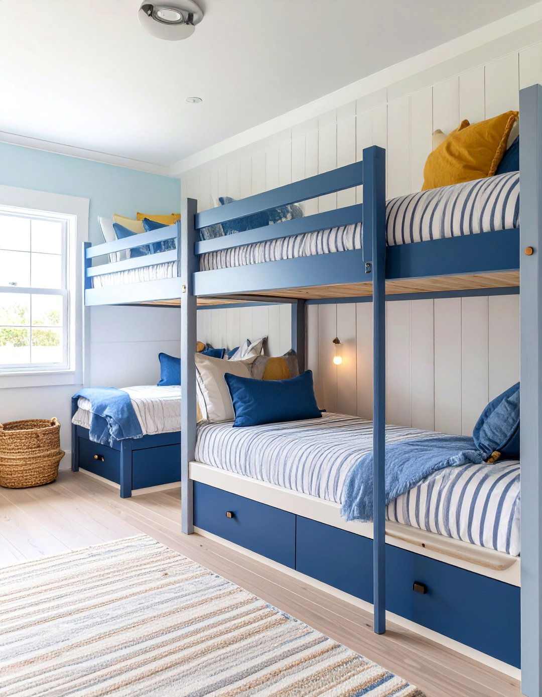 Built In Coastal Cottage Bunk Room with Shiplap Walls - 25 bunk room ideas