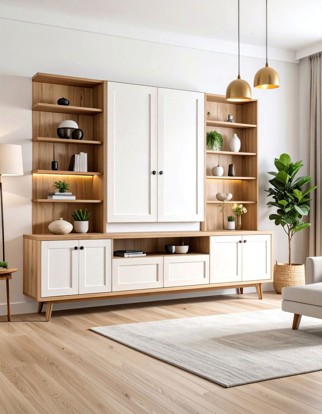 Built In Entertainment Center with Mixed Materials - 25 Transitional Living Room Ideas