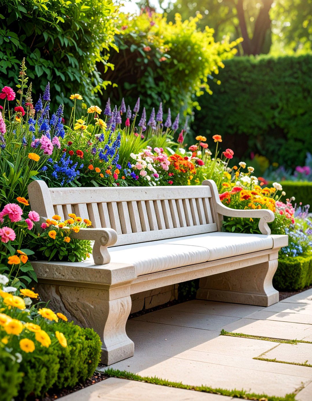Built in Stone Garden Bench with Integrated Planters - 25 Garden Bench Ideas