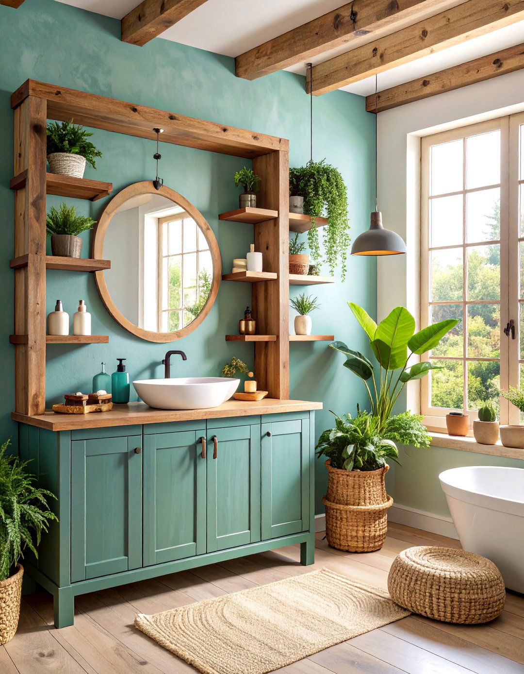 Built in Vanity Mirror with Integrated Rustic Shelving - 25 Farmhouse Bathroom Mirrors Ideas