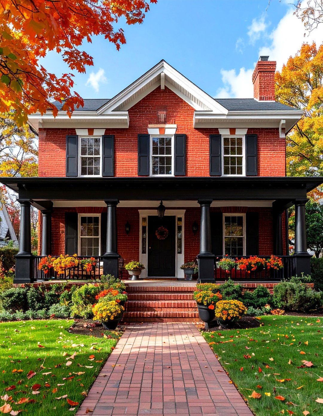 Bungalow Red Brick House with Black Porch Details and Trim - 25 Red Brick House with Black Trim Design Ideas
