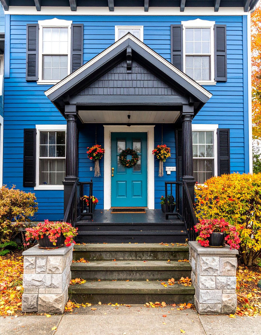 Bungalow Style Dark Blue with Black Porch Details - 25 Dark Blue House With Black Trim