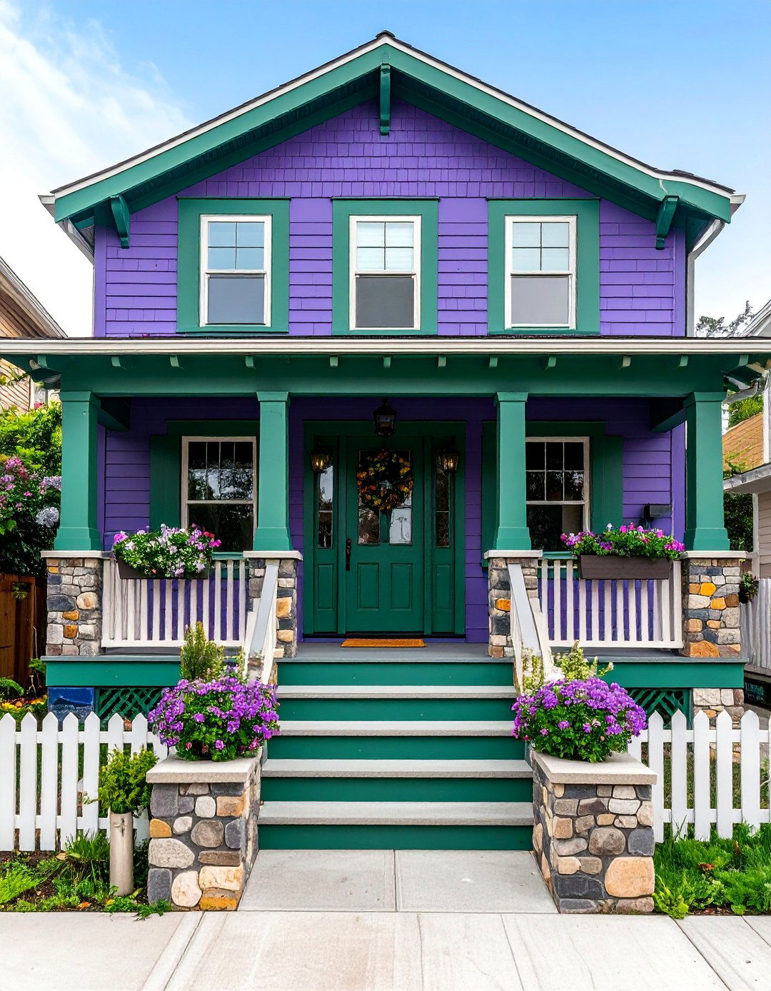 Bungalow Style Grape with Stone Piers - 25 Purple House Exterior Ideas
