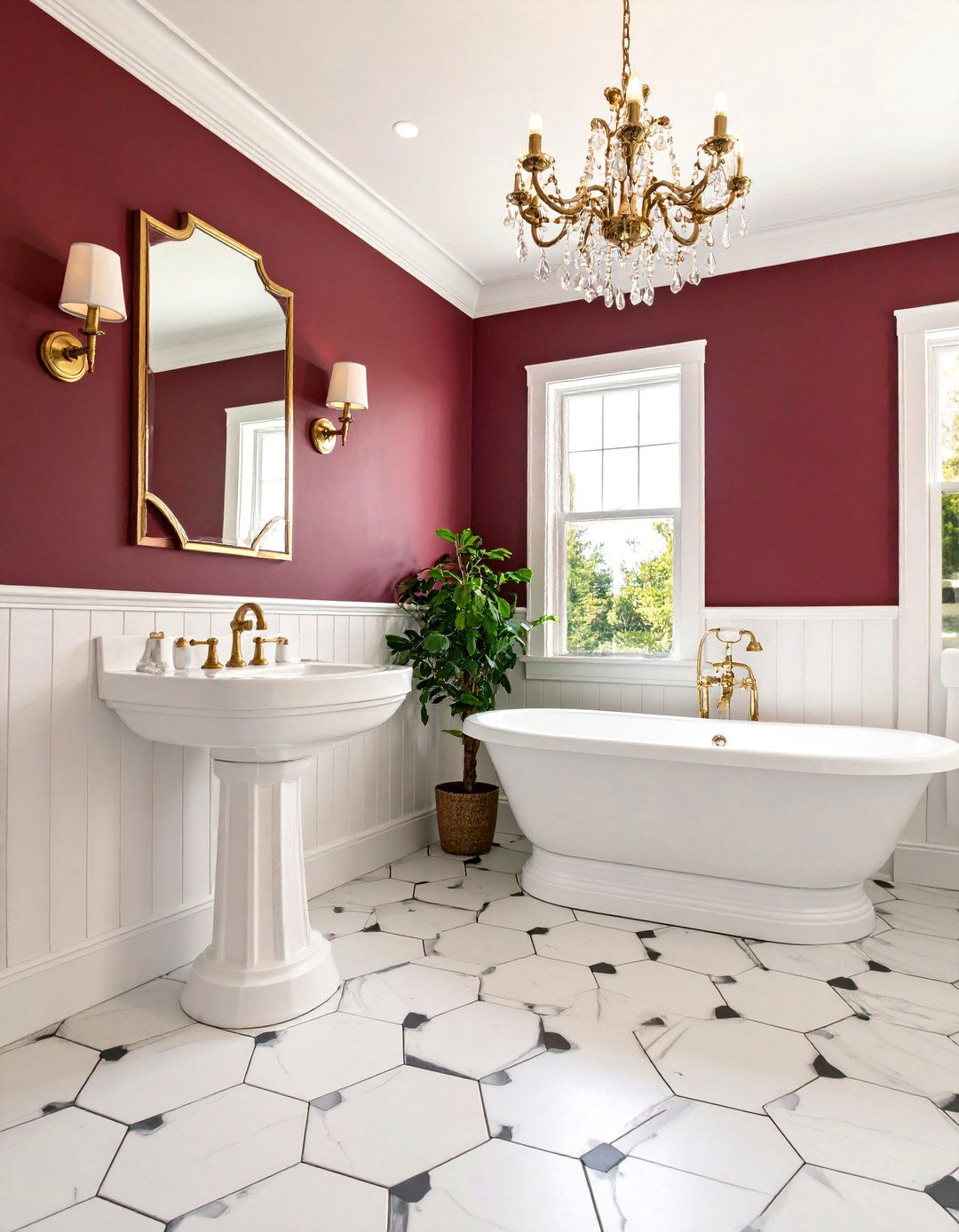 Burgundy Bathroom with Traditional Wainscoting - 25 Red Bathroom Ideas
