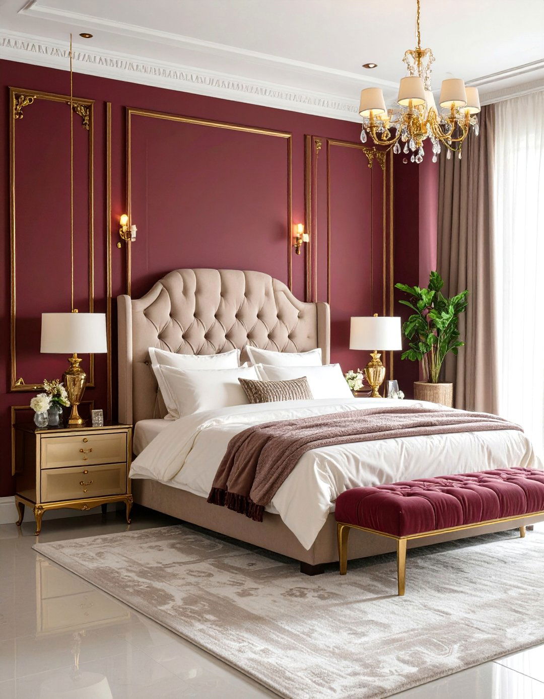 Burgundy Bedroom with Rich Fabric Wallpaper - 25 Bedroom Accent Wall Ideas