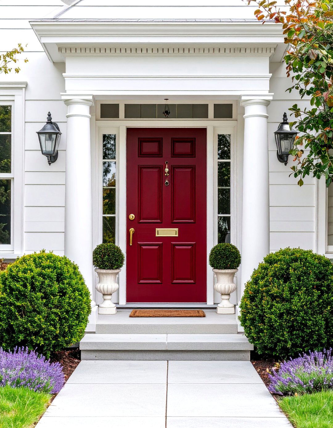 Burgundy Front Door Accented by White Trim and Dentil Molding - 25 Burgundy Front Door Ideas