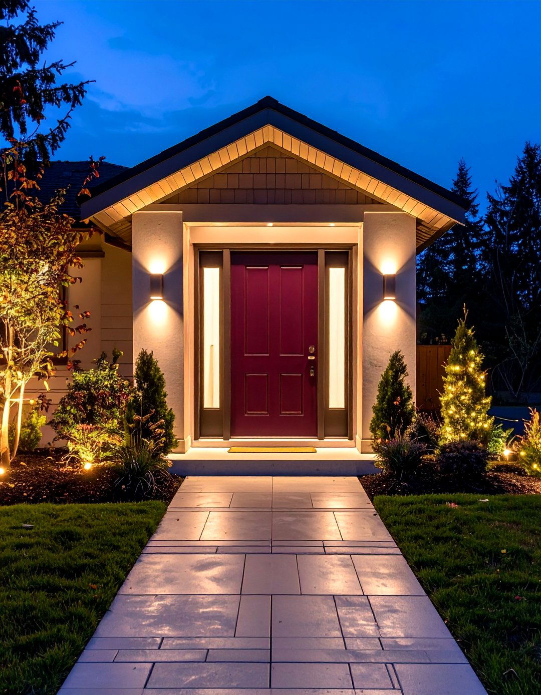 Burgundy Front Door Enhanced by Contemporary Perimeter Lighting - 25 Burgundy Front Door Ideas