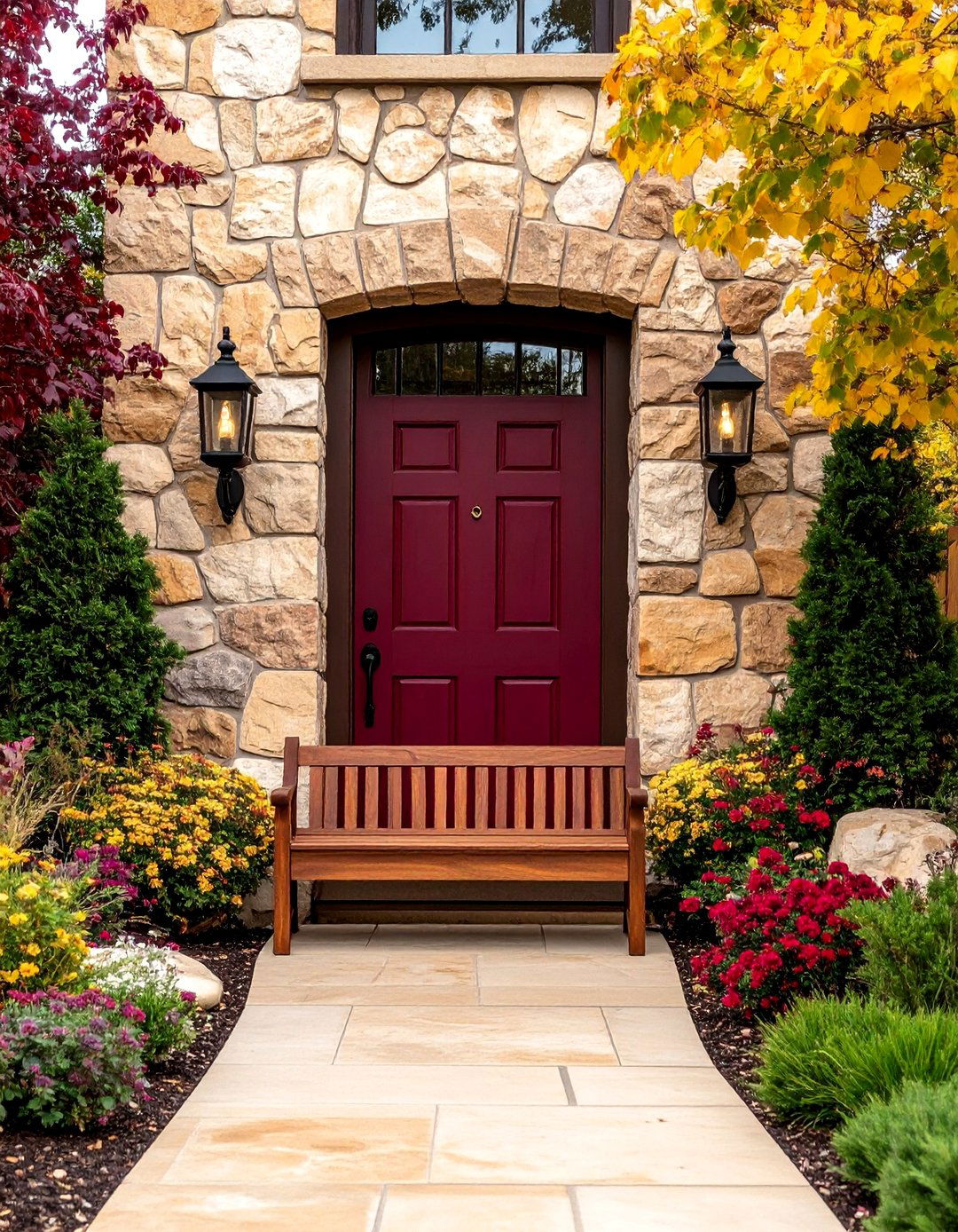 Burgundy Front Door Framed by Natural Stone Surround - 25 Burgundy Front Door Ideas