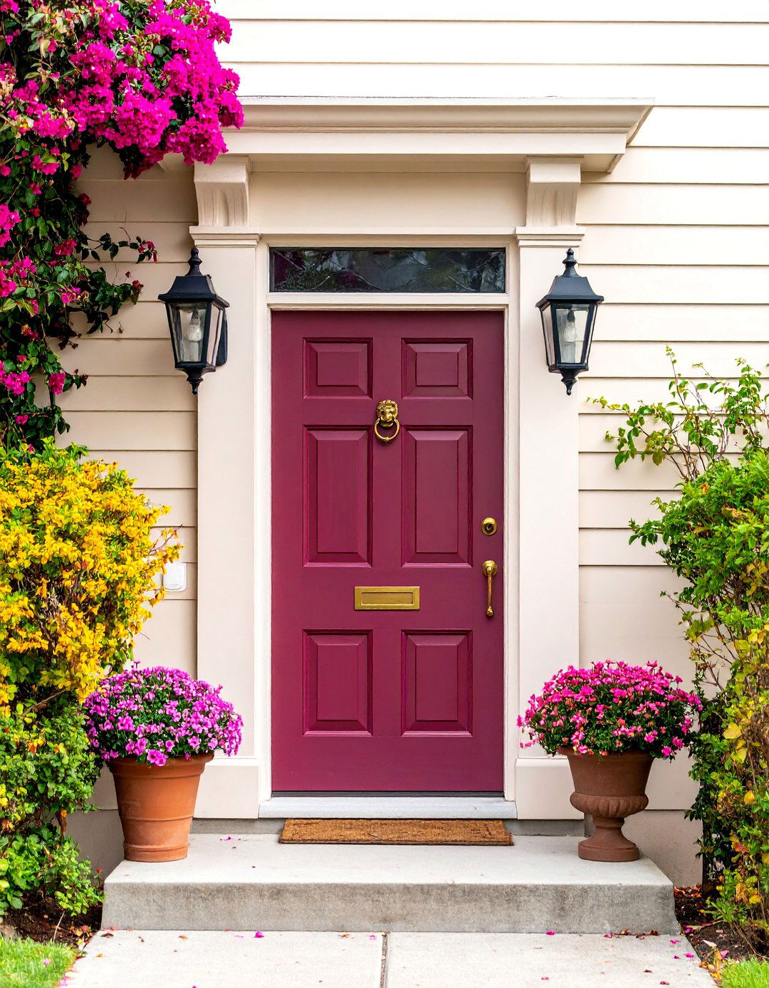 Burgundy Front Door with Brass Kick Plate and Mail Slot - 25 Burgundy Front Door Ideas