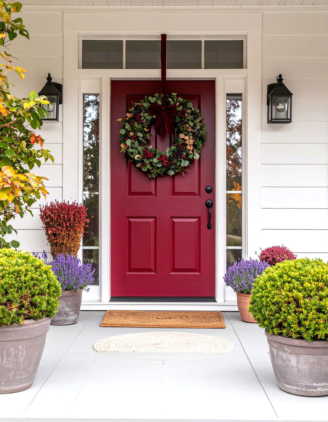 Burgundy Front Door with Dried Eucalyptus Seasonal Wreath - 25 Burgundy Front Door Ideas