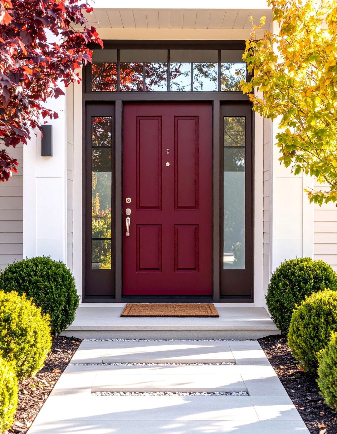 Burgundy Front Door with Full Height Frosted Glass Panels - 25 Burgundy Front Door Ideas