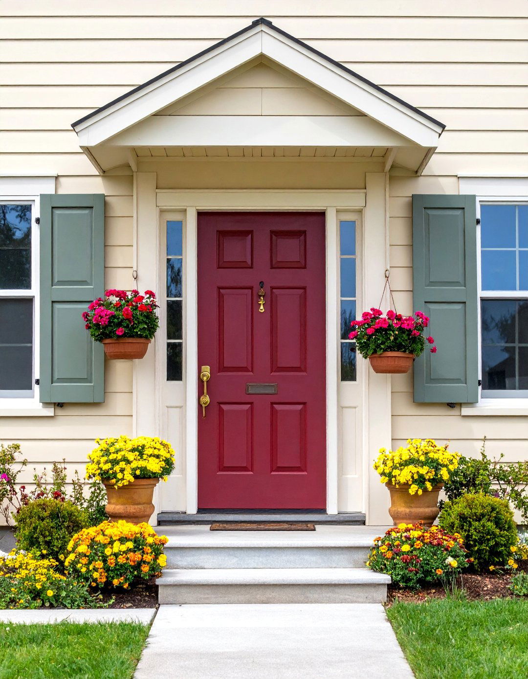 Burgundy Front Door with Sage Green Shutters - 25 Burgundy Front Door Ideas