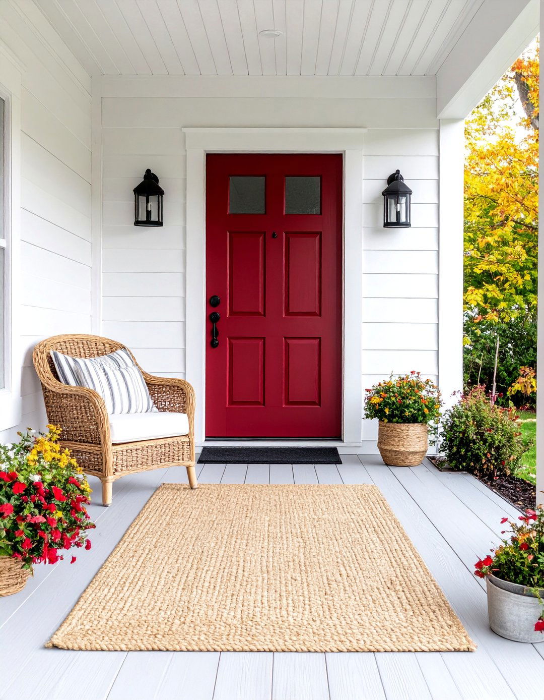 Burgundy Front Door with Shiplap Porch and Black Sconces - 25 Burgundy Front Door Ideas