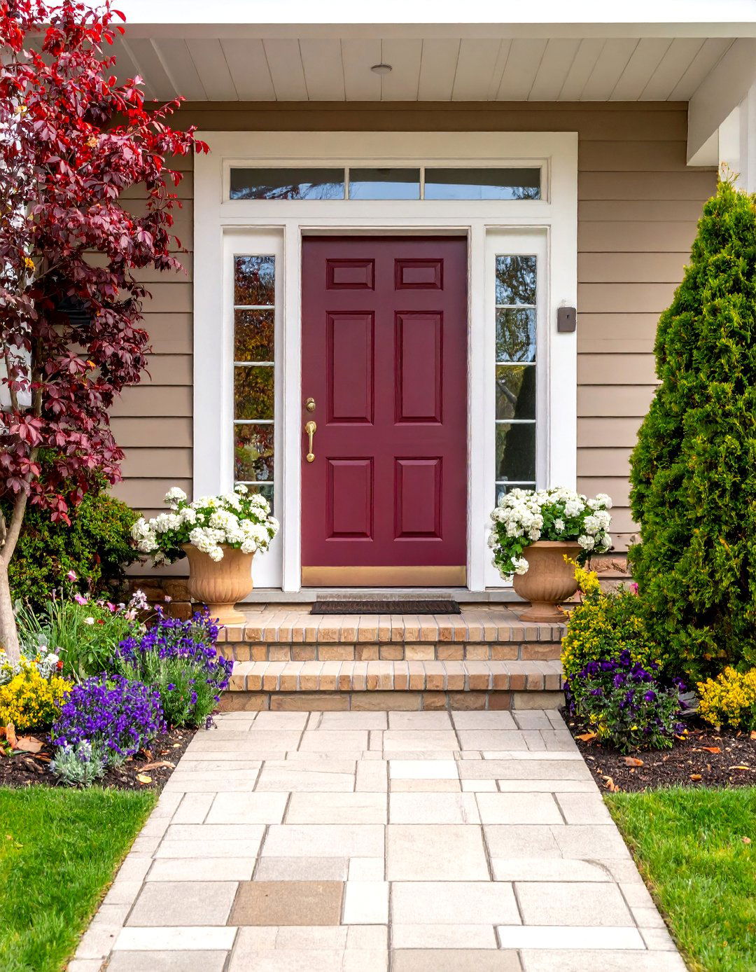 Burgundy Front Door with Tall Sidelights and Transom - 25 Burgundy Front Door Ideas