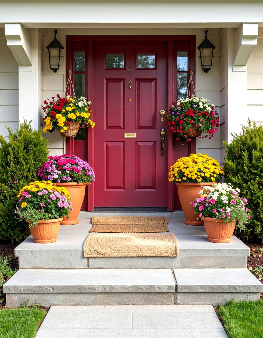 Burgundy Front Door with Terracotta Planters and Seasonal Color - 25 Burgundy Front Door Ideas