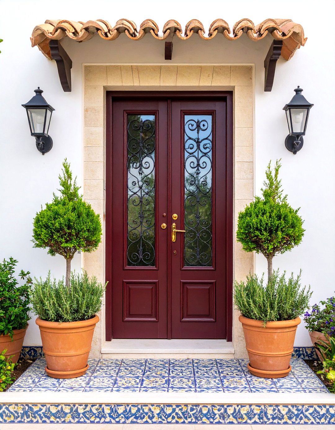 Burgundy Front Door with Wrought Iron Scrollwork - 25 Burgundy Front Door Ideas