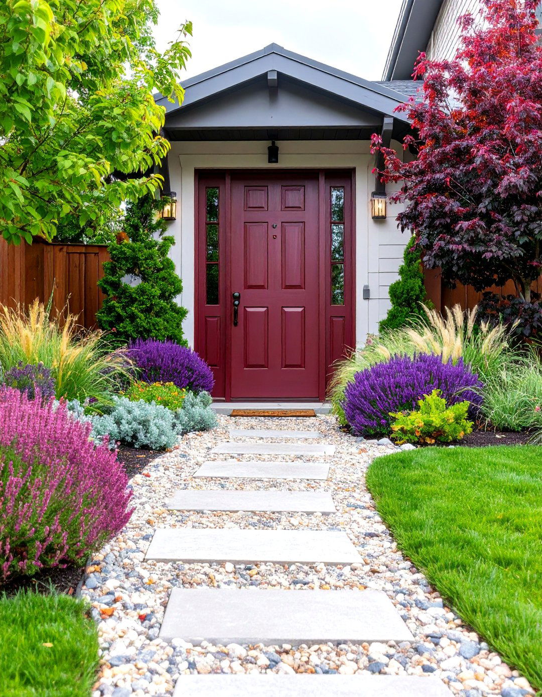 Burgundy Front Door with Xeriscape Path and Drought Tolerant Planting - 25 Burgundy Front Door Ideas