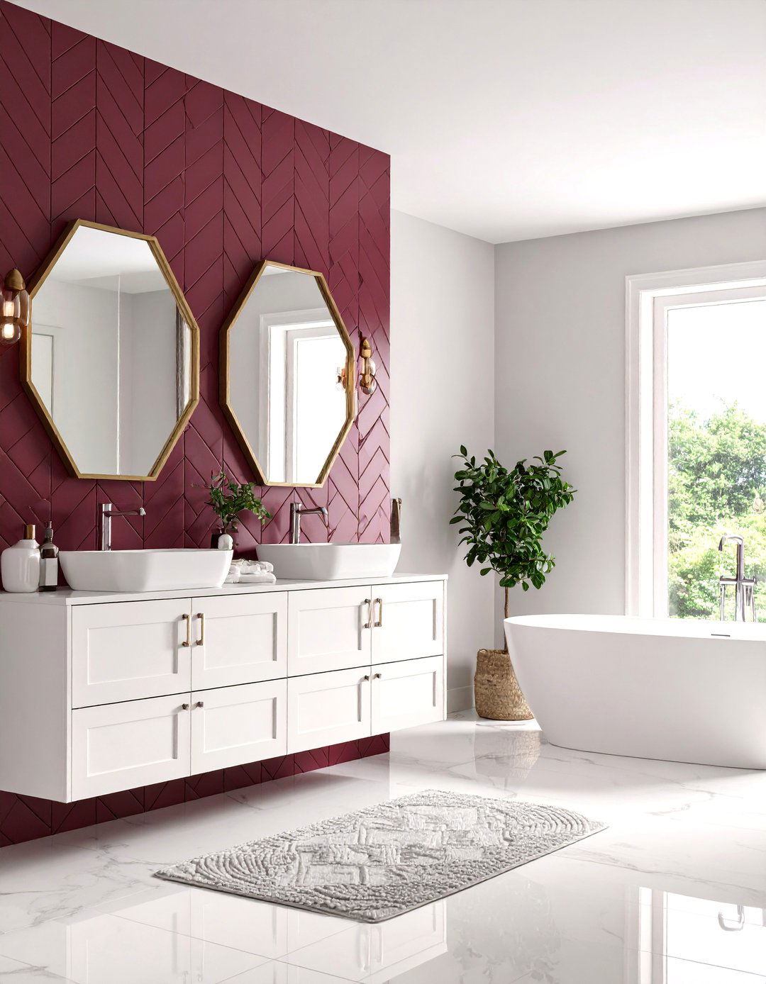 Burgundy Geometric Pattern Bathroom - 25 Burgundy Bathroom Ideas