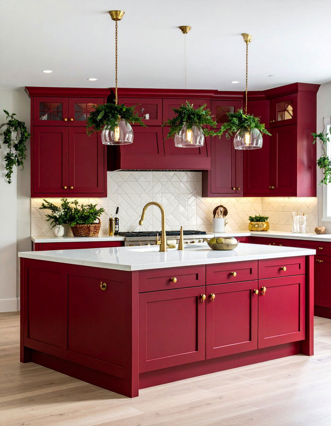 Burgundy Kitchen with Cream Tile Backsplash - 25 Colorful Kitchen Ideas
