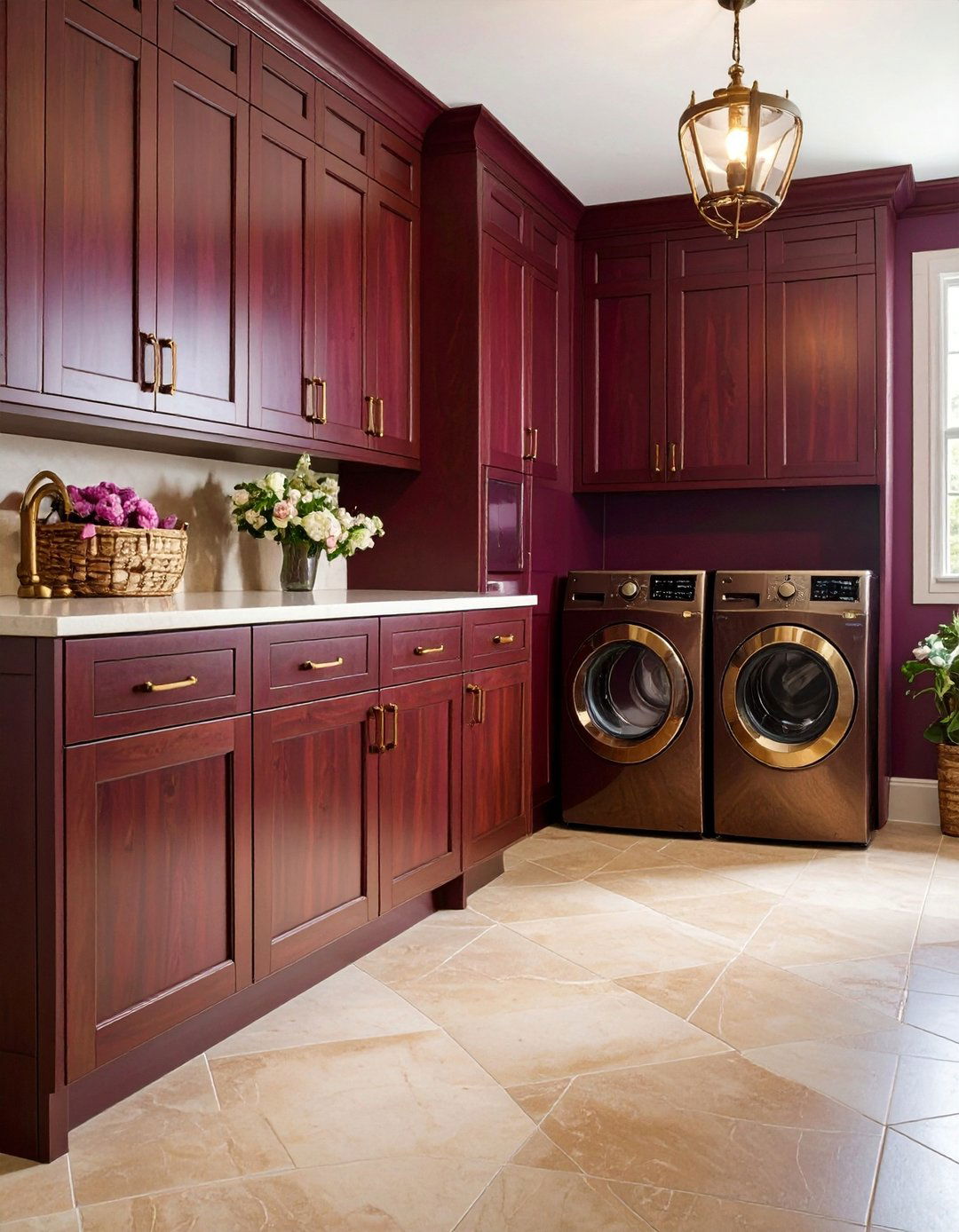 Burgundy Laundry Room with Dark Wood Cabinets - 25 Laundry Room Paint Ideas