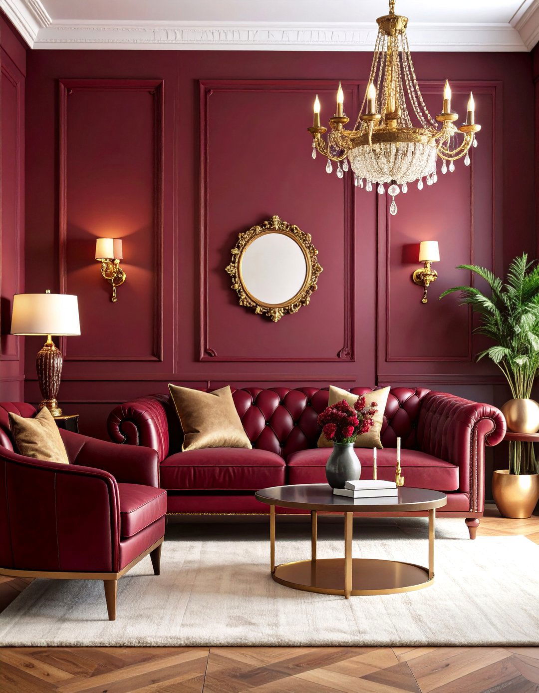 Burgundy Living Room with Rich Textures - 25 Monochromatic Living Room Ideas