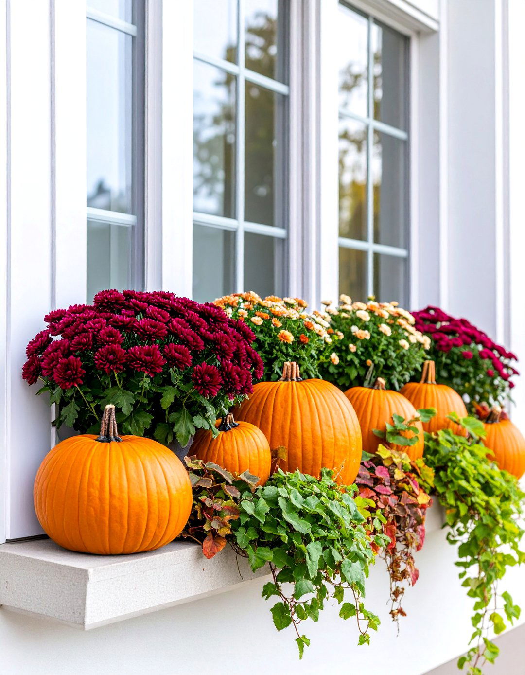 Burgundy Mum and Copper Accent Display - 25 Fall Window Box Ideas