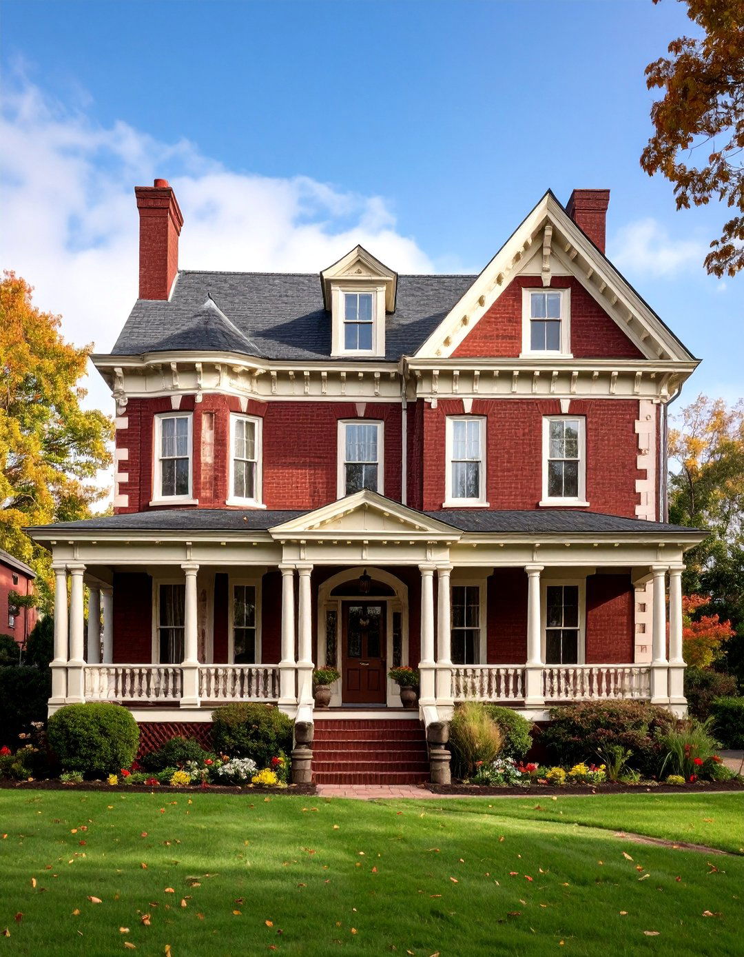 Burgundy Painted Brick with Cream and Gold Accents - 25 Exterior Brick and Paint Color Combinations