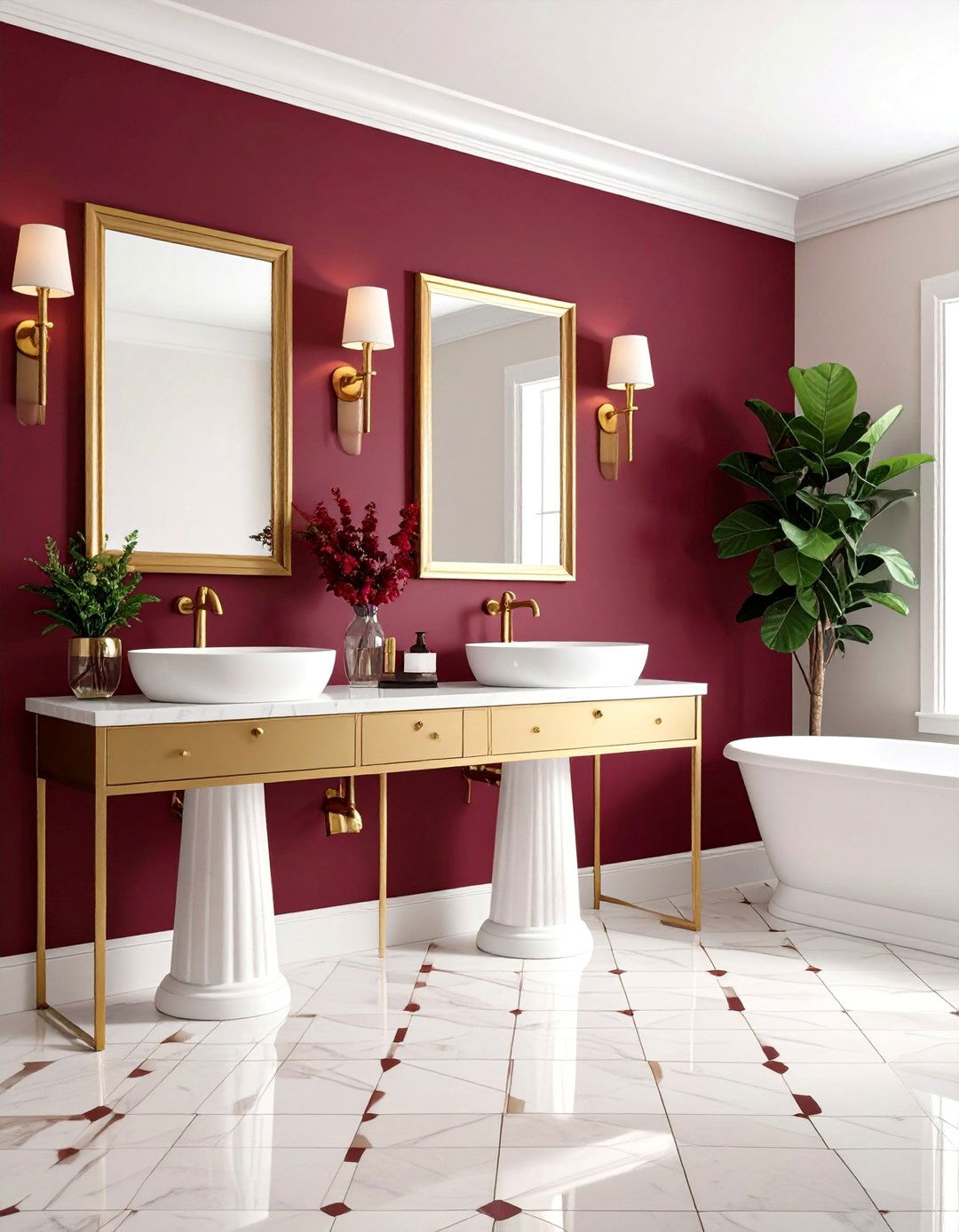 Burgundy Powder Room with Accent Wall - 25 Burgundy Bathroom Ideas