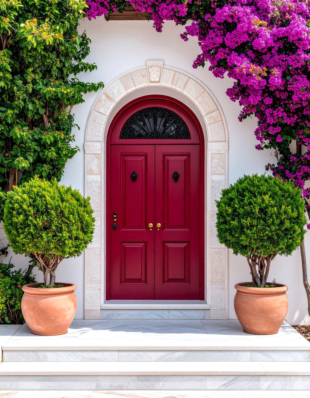 Burgundy Red Door with Mediterranean Arch Design - 25 Dark Red Front Door Ideas